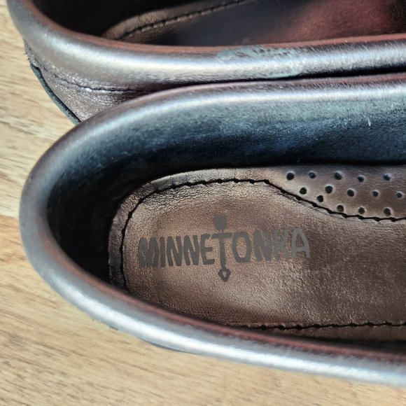 EUC Minnetonka 419T Grace Leather Moccasin Loafer Tassels Gunmetal - Picture 9 of 12